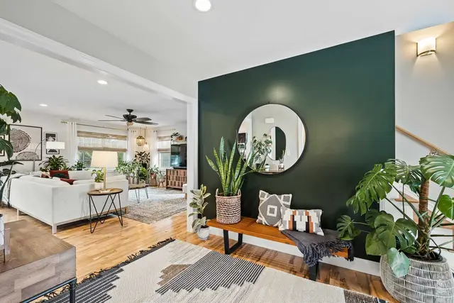 Interior photography  -  entryway with green accent wall and lush plants